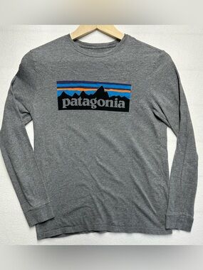 Patagonia Kids Gray Long Sleeve Tee with Blue & Orange Logo